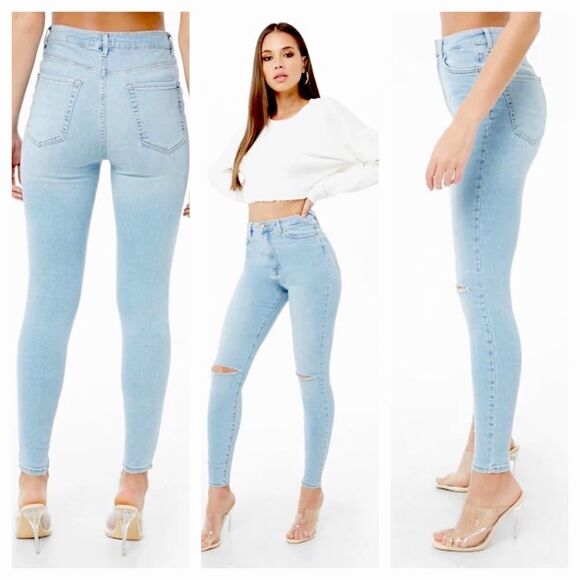 NWT Forever 21 Sculpted High Rise Skinny Light Wash Distressed Jeans - Picture 1 of 14